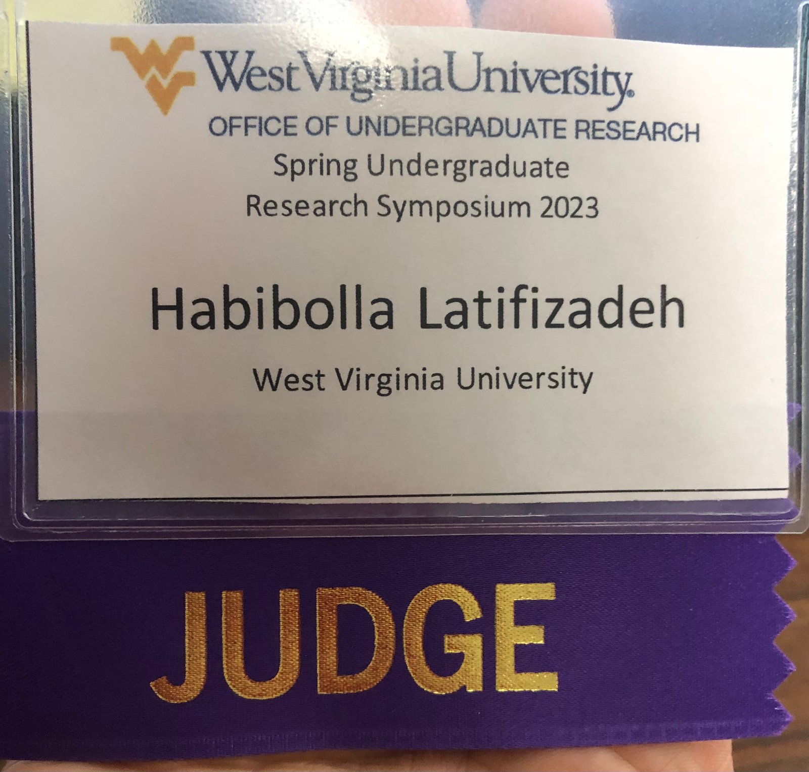 Judge name badge reading Habibolla Latifizadeh, WVU Office of Undergraduate Research, Spring Undergraduate Research Symposium 2023